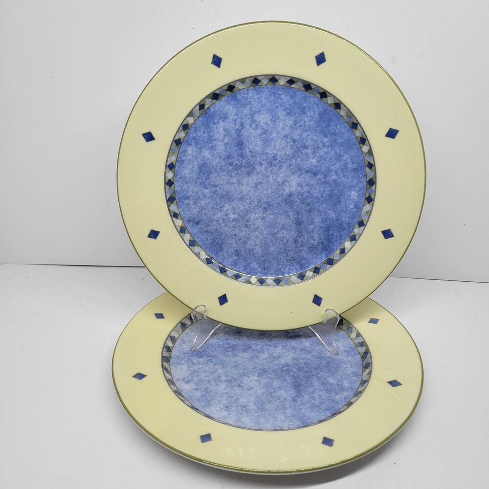 Royal Doulton "Carmina" Set Of 2 Blue Center Yellow Rim 11" Dinner Plates READ